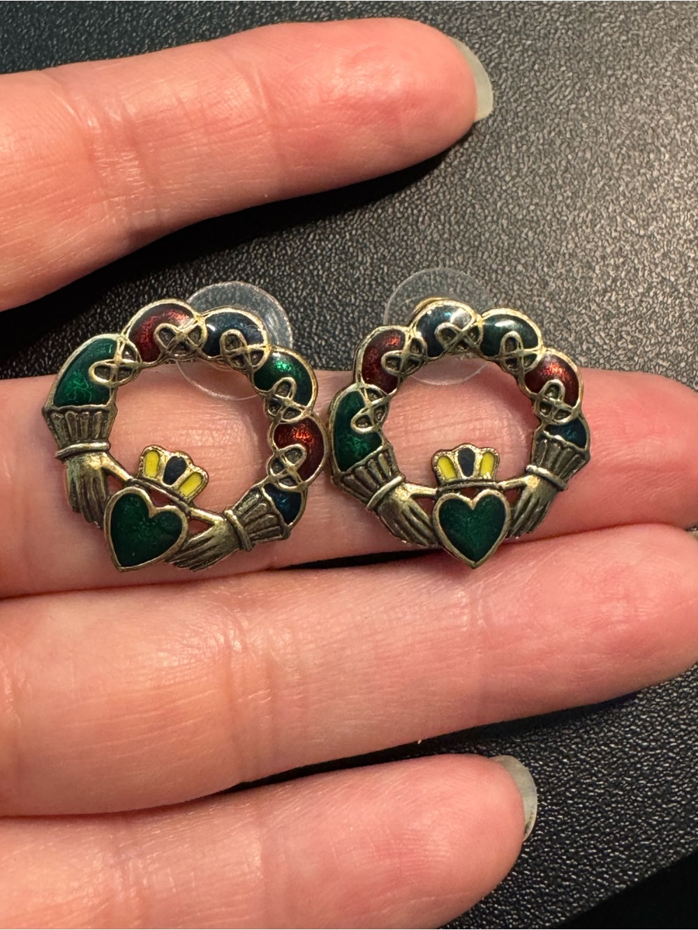 Vintage SOL D'OR MIRACLE Signed Enamel Celtic CLADDAGH Earrings Soldor Irish
